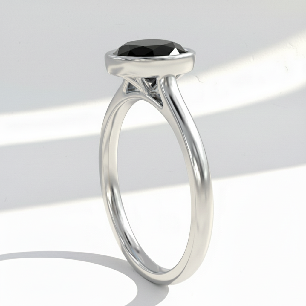 Oval Shape Black Color Diamond Bezel Set Solitaire Engagement Ring