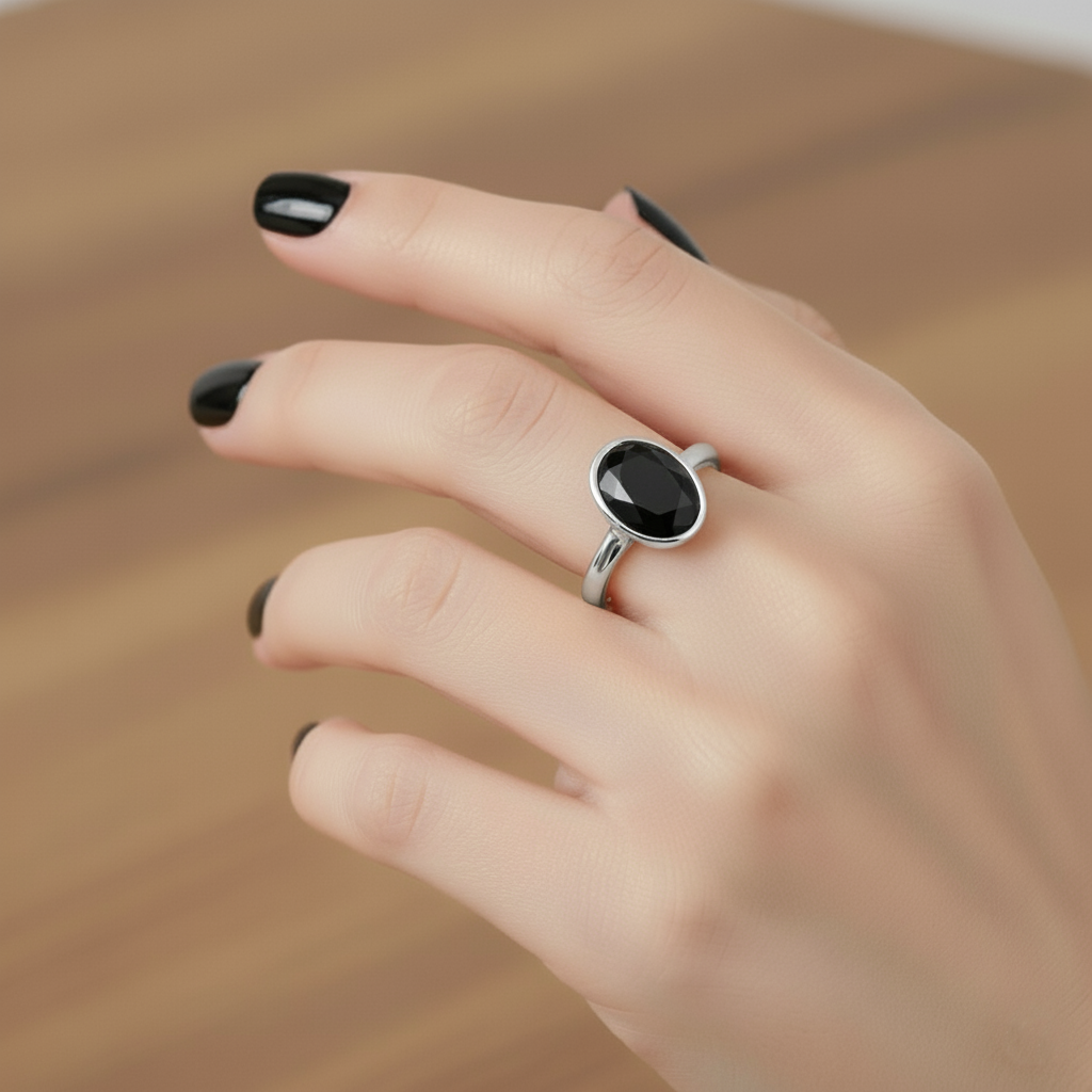 Oval Shape Black Color Diamond Bezel Set Solitaire Engagement Ring