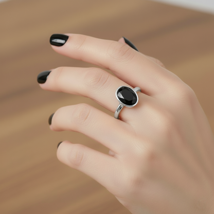 Oval Shape Black Color Diamond Bezel Set Solitaire Engagement Ring