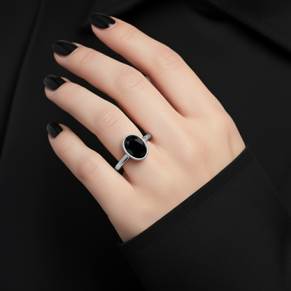 Oval Shape Black Color Diamond Bezel Set Solitaire Engagement Ring