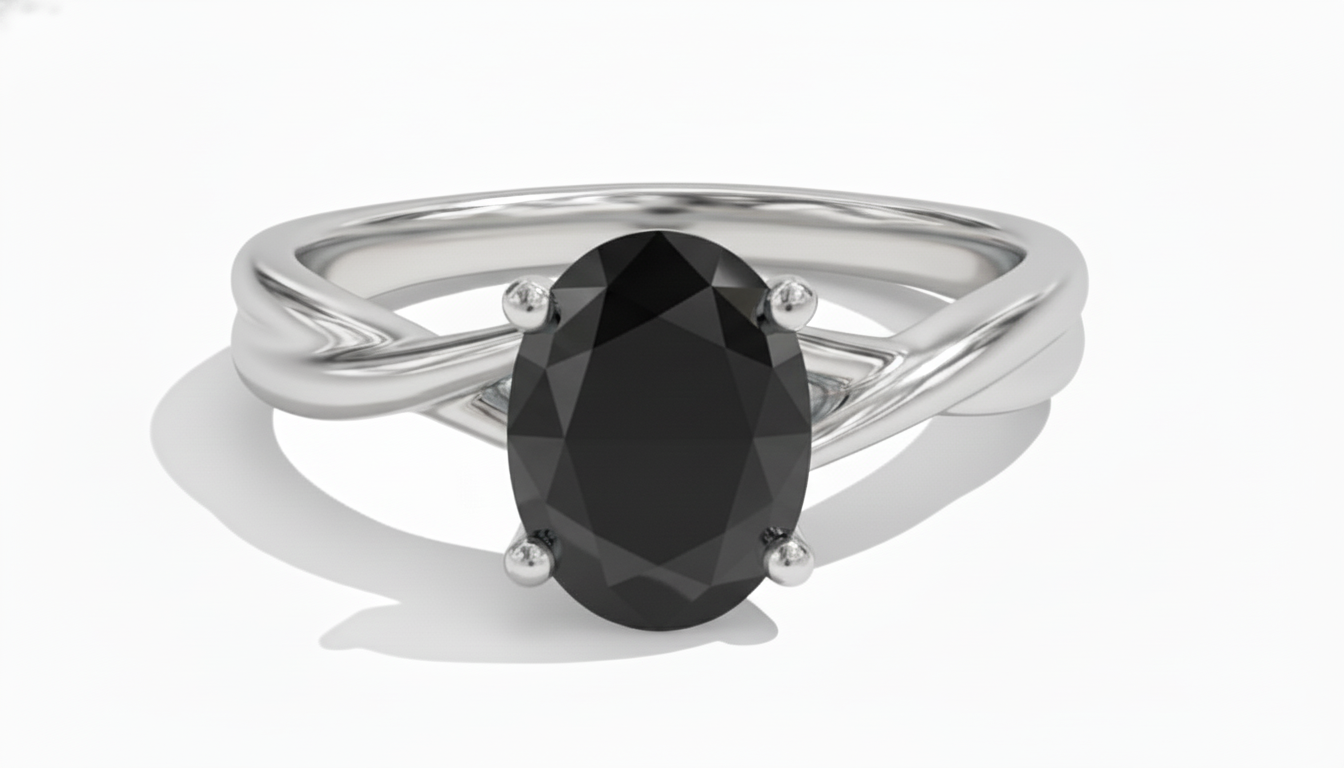 Oval Shape Black Opaque Color Diamond Twisted Band Engagement Ring