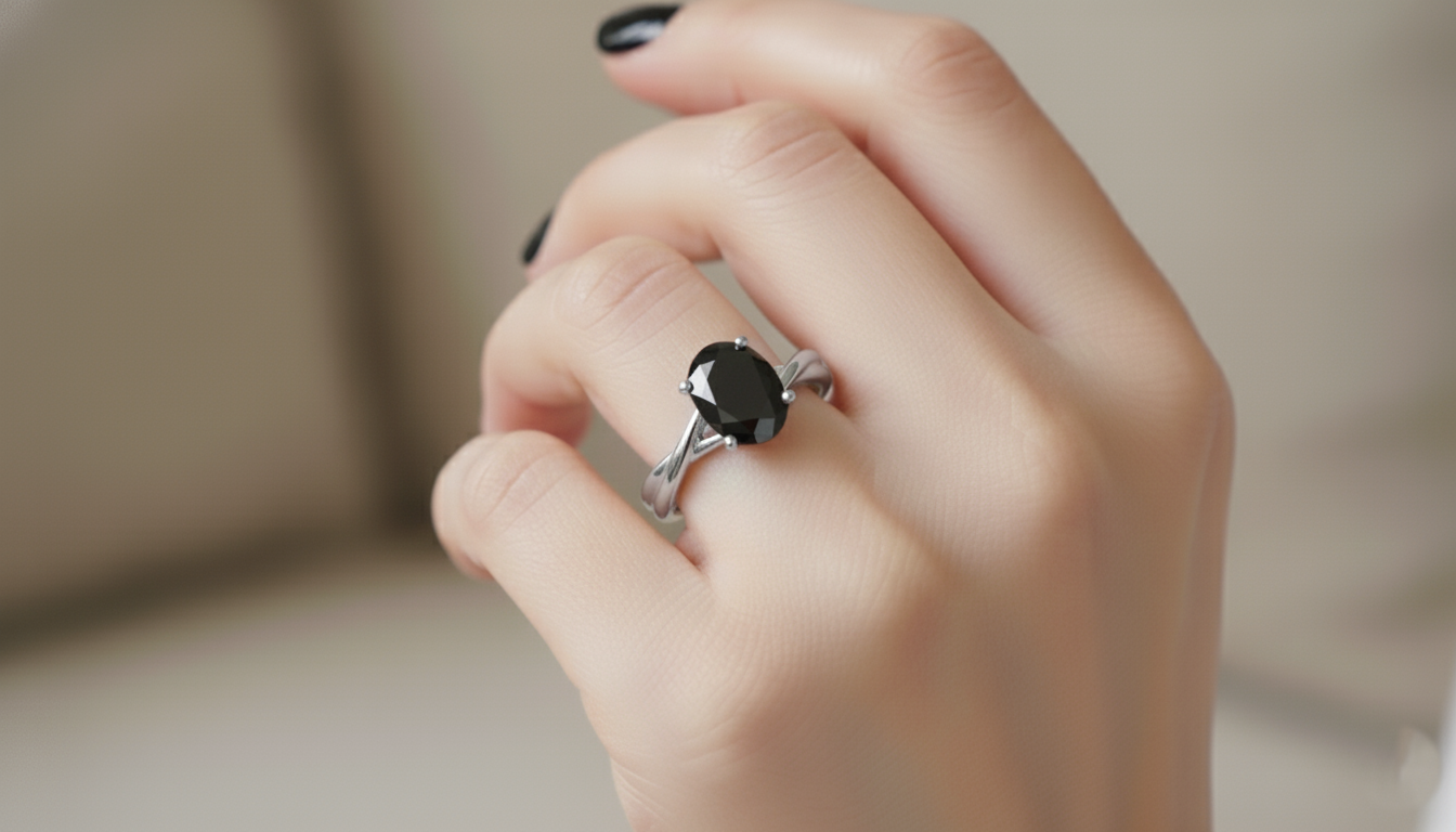 Oval Shape Black Opaque Color Diamond Twisted Band Engagement Ring