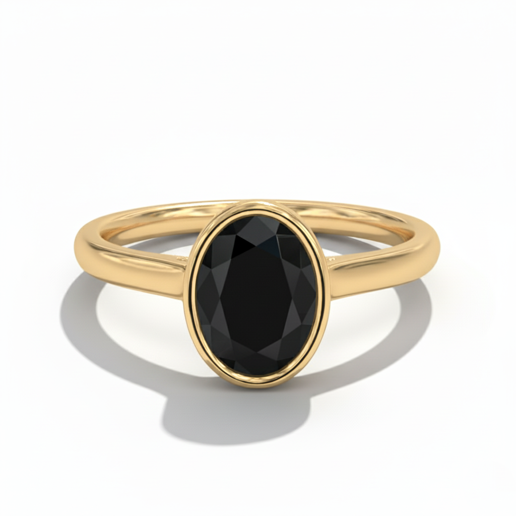 Oval Shape Black Color Diamond Bezel Set Solitaire Engagement Ring