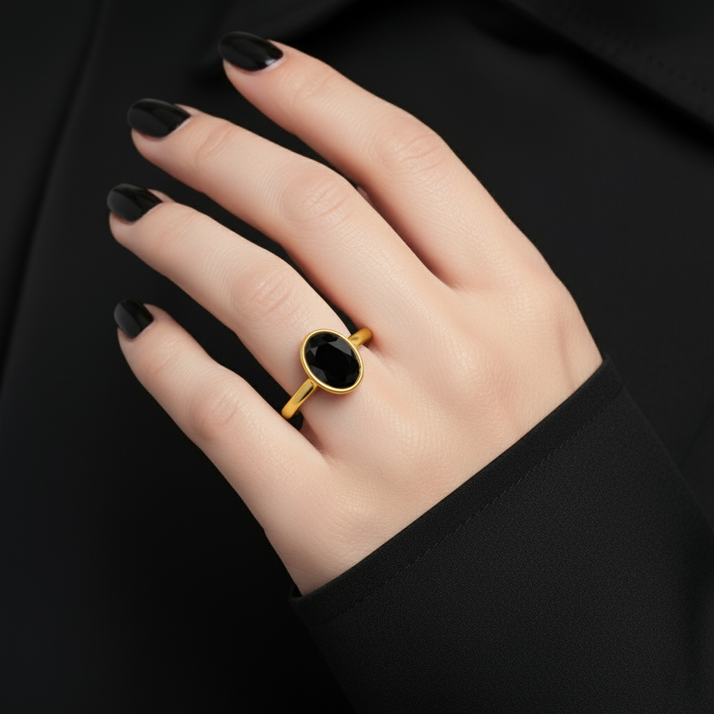 Oval Shape Black Color Diamond Bezel Set Solitaire Engagement Ring