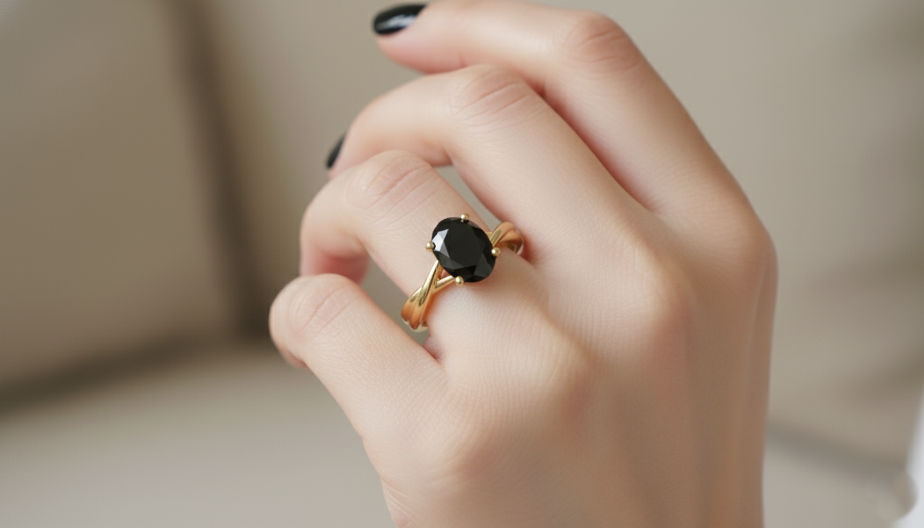 Oval Shape Black Opaque Color Diamond Twisted Band Engagement Ring