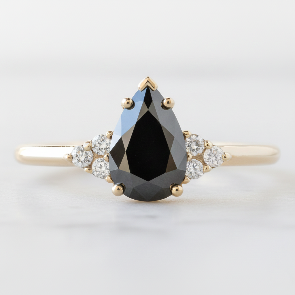 Pear Modified Shape Fancy Black Color Center Diamond Engagement Solid Gold Ring