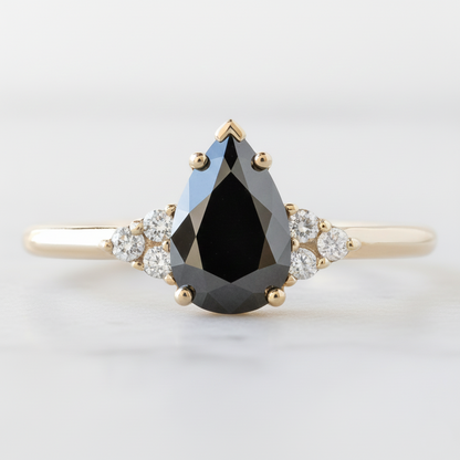 Pear Modified Shape Fancy Black Color Center Diamond Engagement Solid Gold Ring
