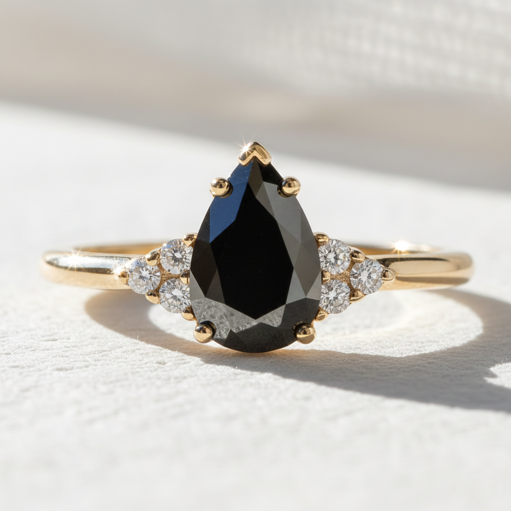 Pear Shape Fancy Black Color Center Diamond Engagement Solid Gold Ring