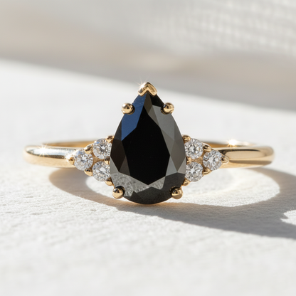 Pear Shape Fancy Black Color Center Diamond Engagement Solid Gold Ring