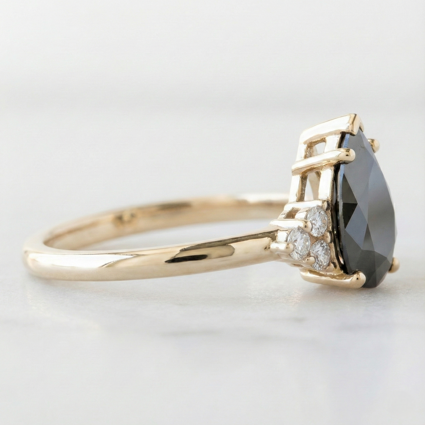 Pear Modified Shape Fancy Black Color Center Diamond Engagement Solid Gold Ring