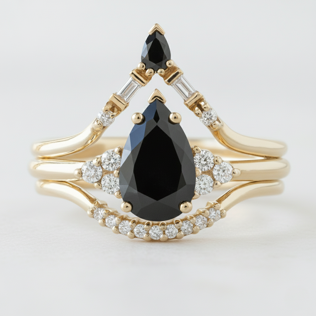 Pear Shape Fancy Black Color Center Diamond Engagement Solid Gold Ring