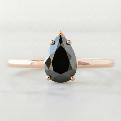 Pear Modified Cut Black Color Diamond Solid Gold Engagement Ring