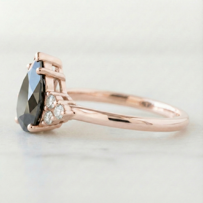 Pear Modified Shape Fancy Black Color Center Diamond Engagement Solid Gold Ring