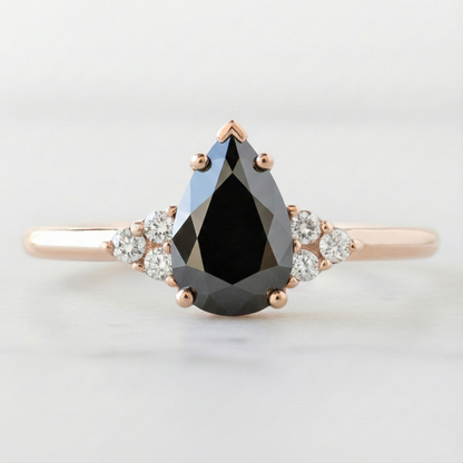 Pear Modified Shape Fancy Black Color Center Diamond Engagement Solid Gold Ring