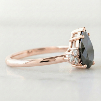Pear Modified Shape Fancy Black Color Center Diamond Engagement Solid Gold Ring