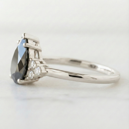 Pear Modified Shape Fancy Black Color Center Diamond Engagement Solid Gold Ring