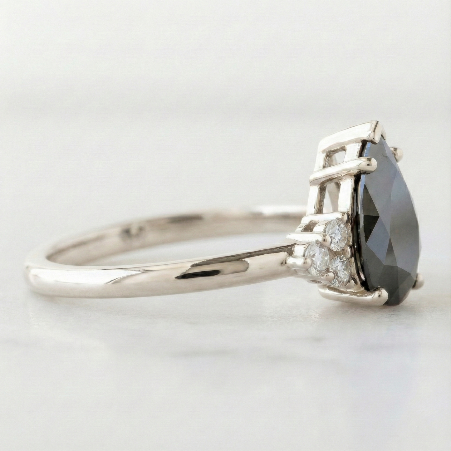 Pear Modified Shape Fancy Black Color Center Diamond Engagement Solid Gold Ring