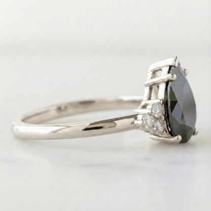 Pear Modified Shape Fancy Black Color Center Diamond Engagement Solid Gold Ring