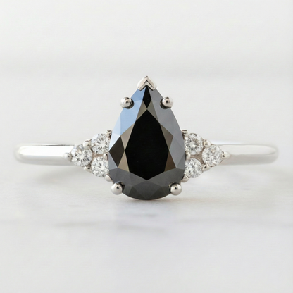 Pear Modified Shape Fancy Black Color Center Diamond Engagement Solid Gold Ring