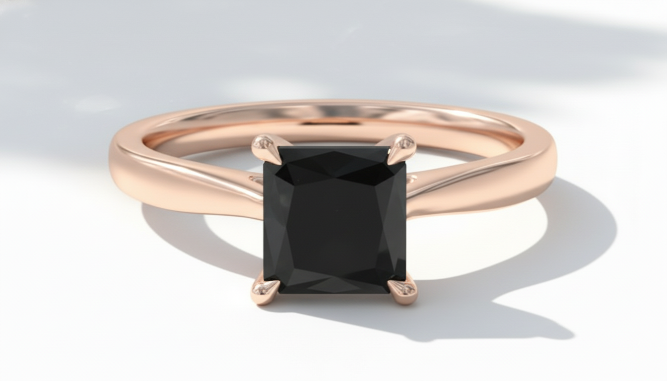 Princess Shape Black Color Diamond 4 Prong Set Engagement Ring