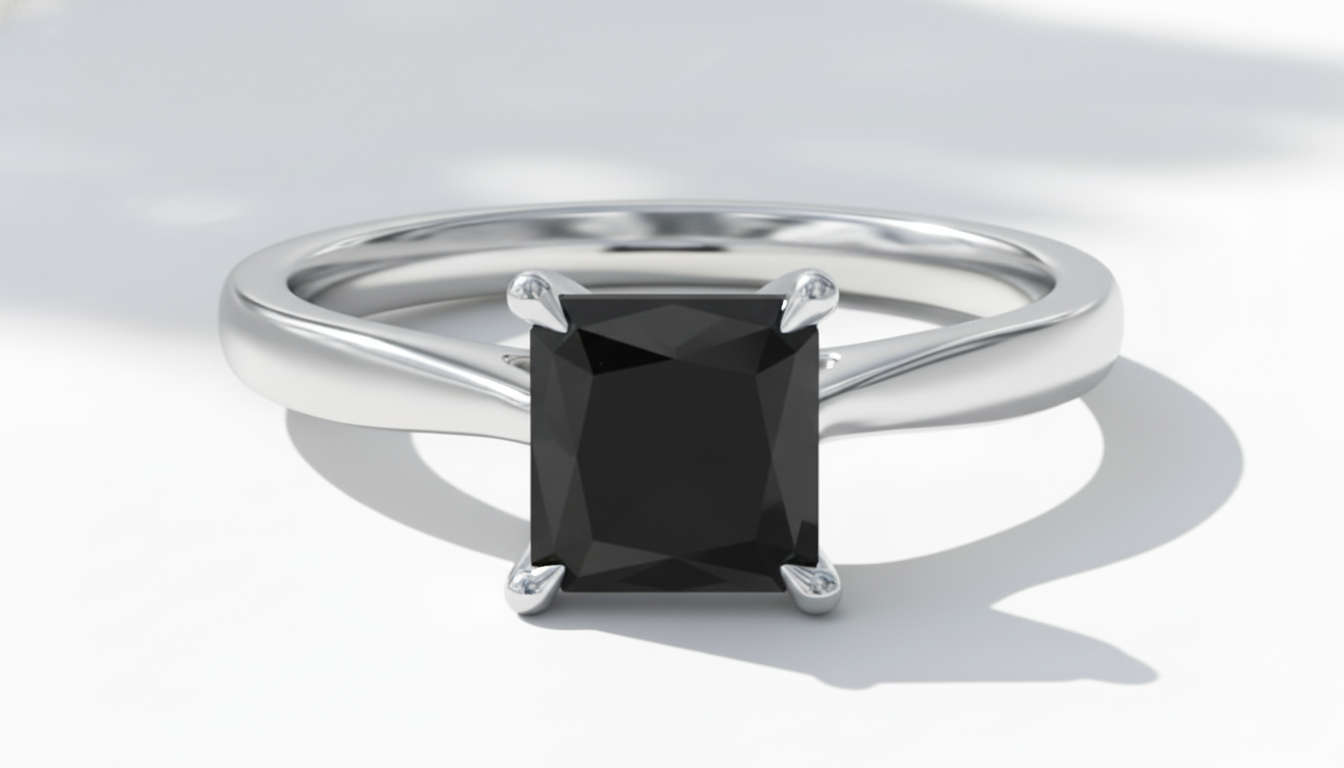 Princess Shape Black Color Diamond 4 Prong Set Engagement Ring