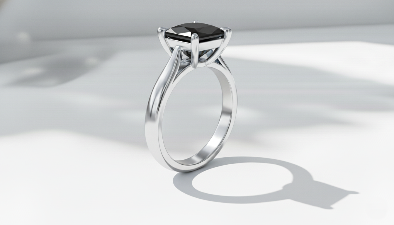 Princess Shape Black Color Diamond 4 Prong Set Engagement Ring