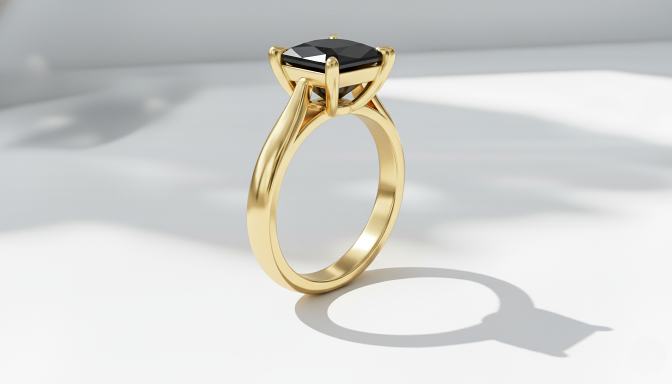 Princess Shape Black Color Diamond 4 Prong Set Engagement Ring