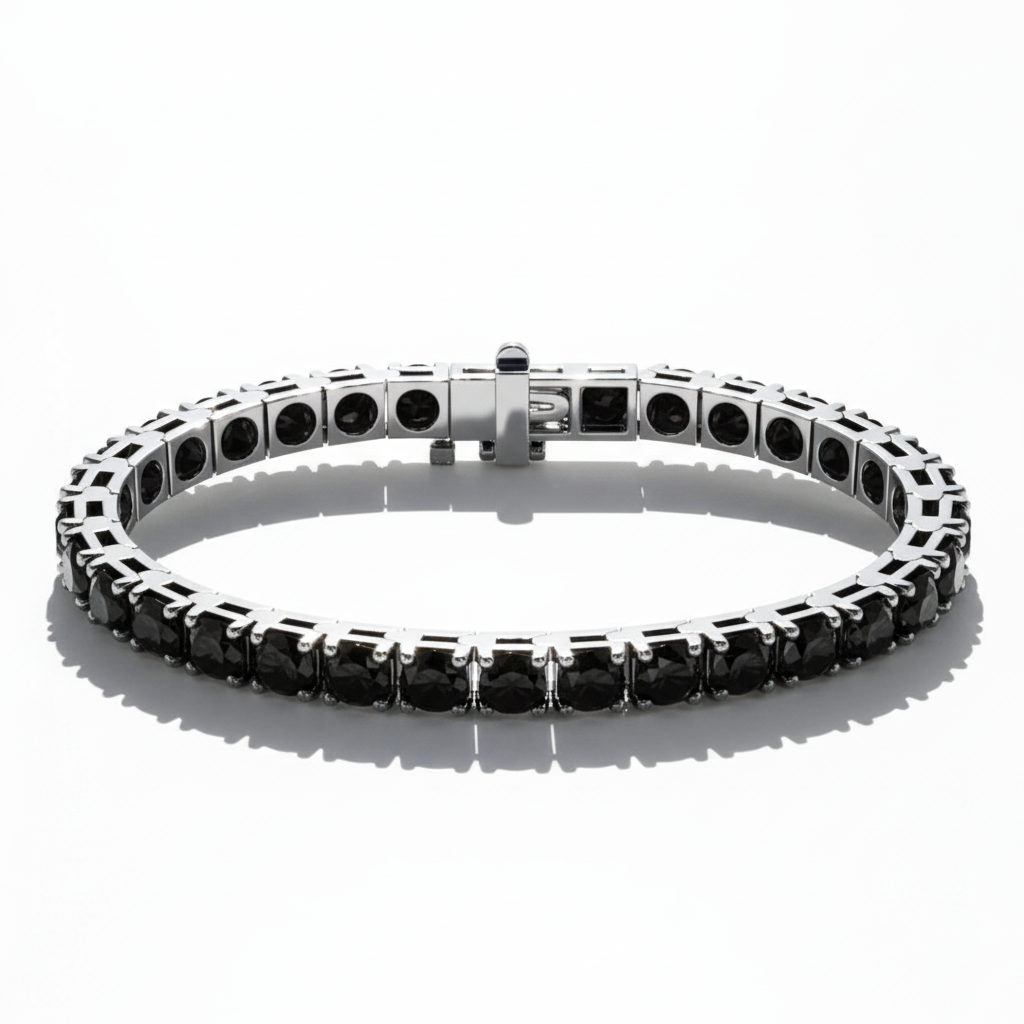Stunning White Gold Precious Round Cut Black Natural Diamond Tennis Bracelet