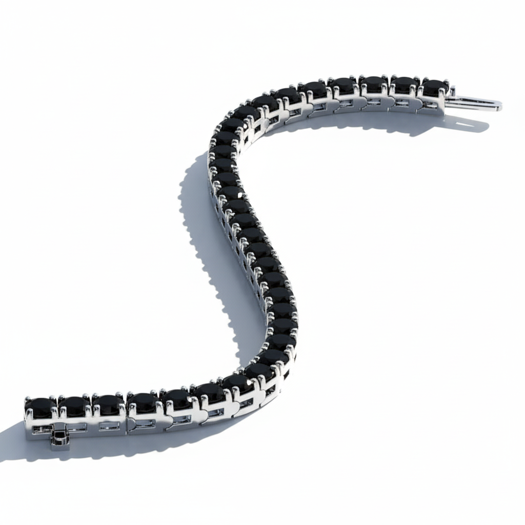 Stunning White Gold Precious Round Cut Black Natural Diamond Tennis Bracelet