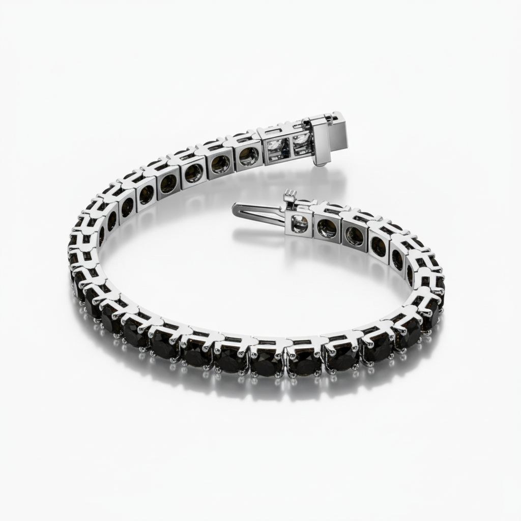Stunning White Gold Precious Round Cut Black Natural Diamond Tennis Bracelet